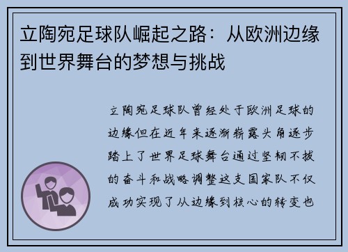 立陶宛足球队崛起之路：从欧洲边缘到世界舞台的梦想与挑战