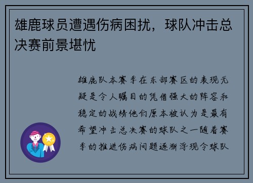 雄鹿球员遭遇伤病困扰，球队冲击总决赛前景堪忧