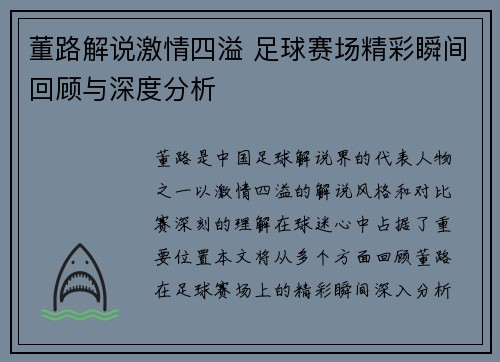 董路解说激情四溢 足球赛场精彩瞬间回顾与深度分析