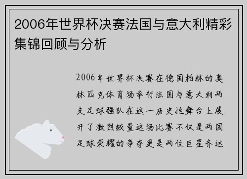 2006年世界杯决赛法国与意大利精彩集锦回顾与分析
