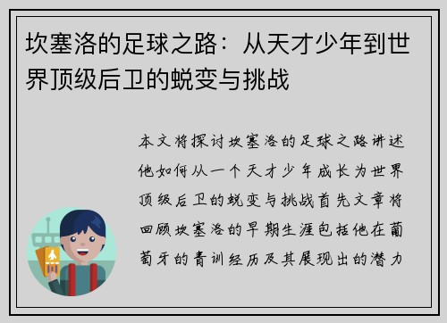 坎塞洛的足球之路：从天才少年到世界顶级后卫的蜕变与挑战