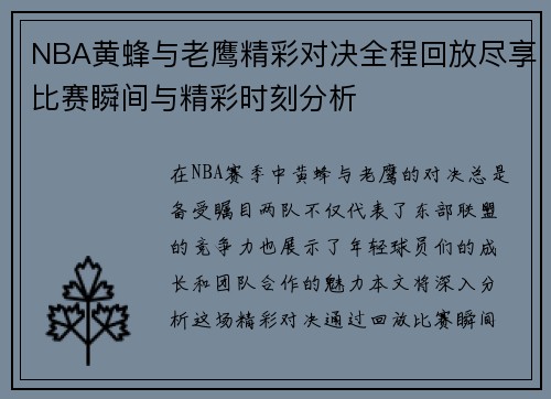 NBA黄蜂与老鹰精彩对决全程回放尽享比赛瞬间与精彩时刻分析