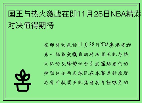国王与热火激战在即11月28日NBA精彩对决值得期待