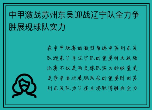 中甲激战苏州东吴迎战辽宁队全力争胜展现球队实力